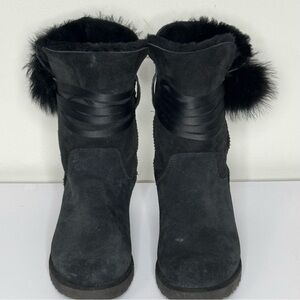 UGG Brita Women’s Black Suede Wool Satin Lace Sheepskin Pom Ankle Boots Size 8.5